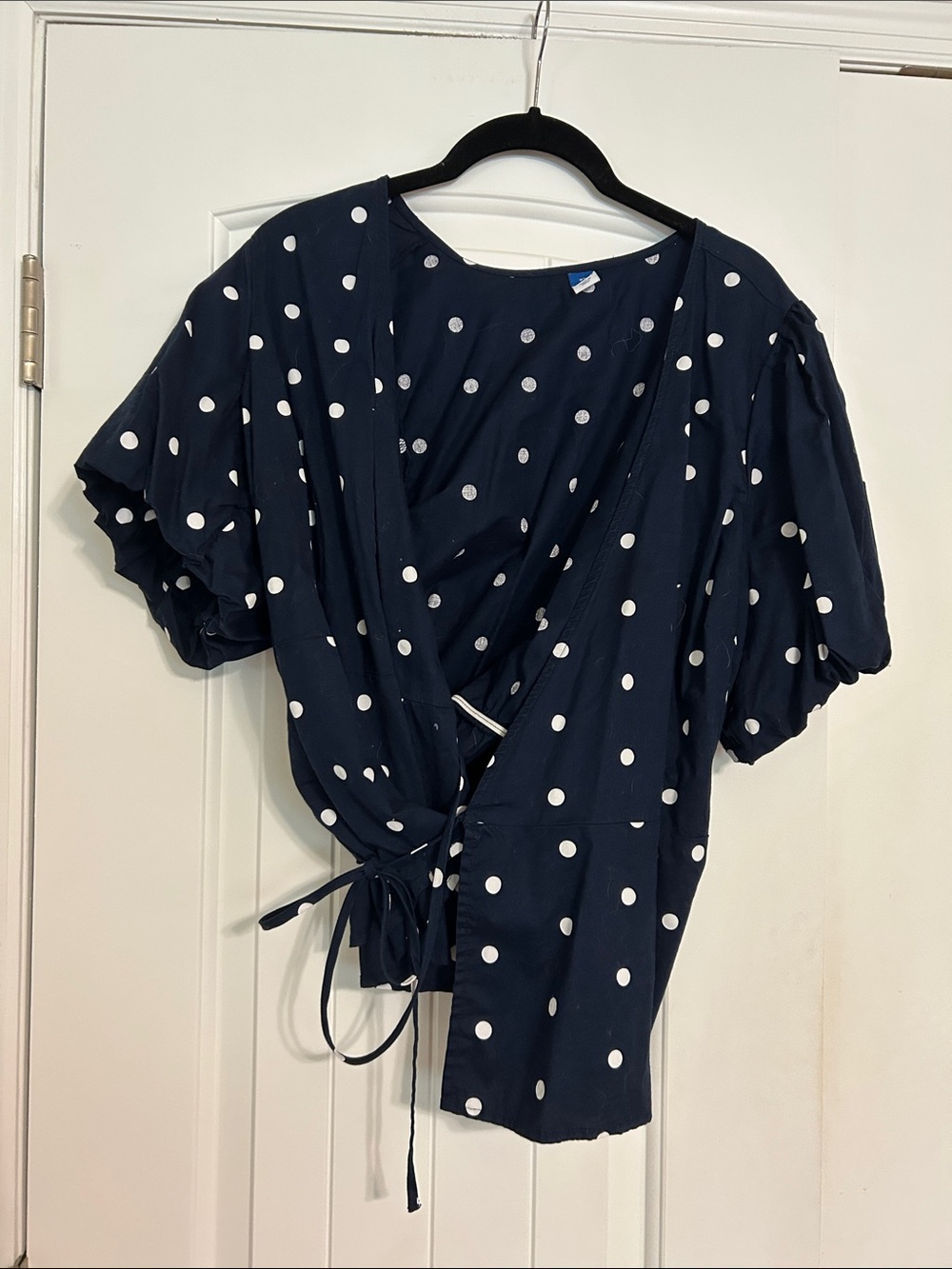 Old Navy Navy and White Polka Dot Tie-Waist Blouse